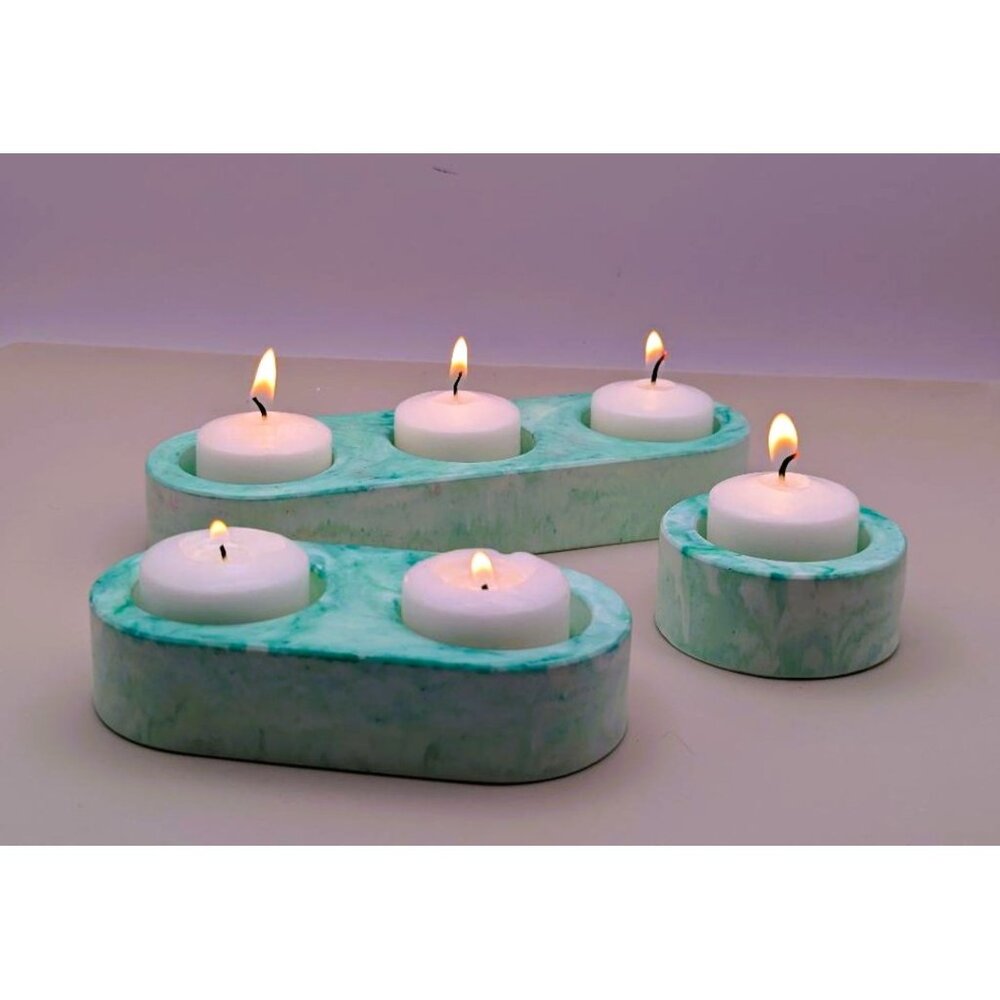 Handcrafted Green Marbled Eco-Resin Tealight Candle Holder Set Of 3